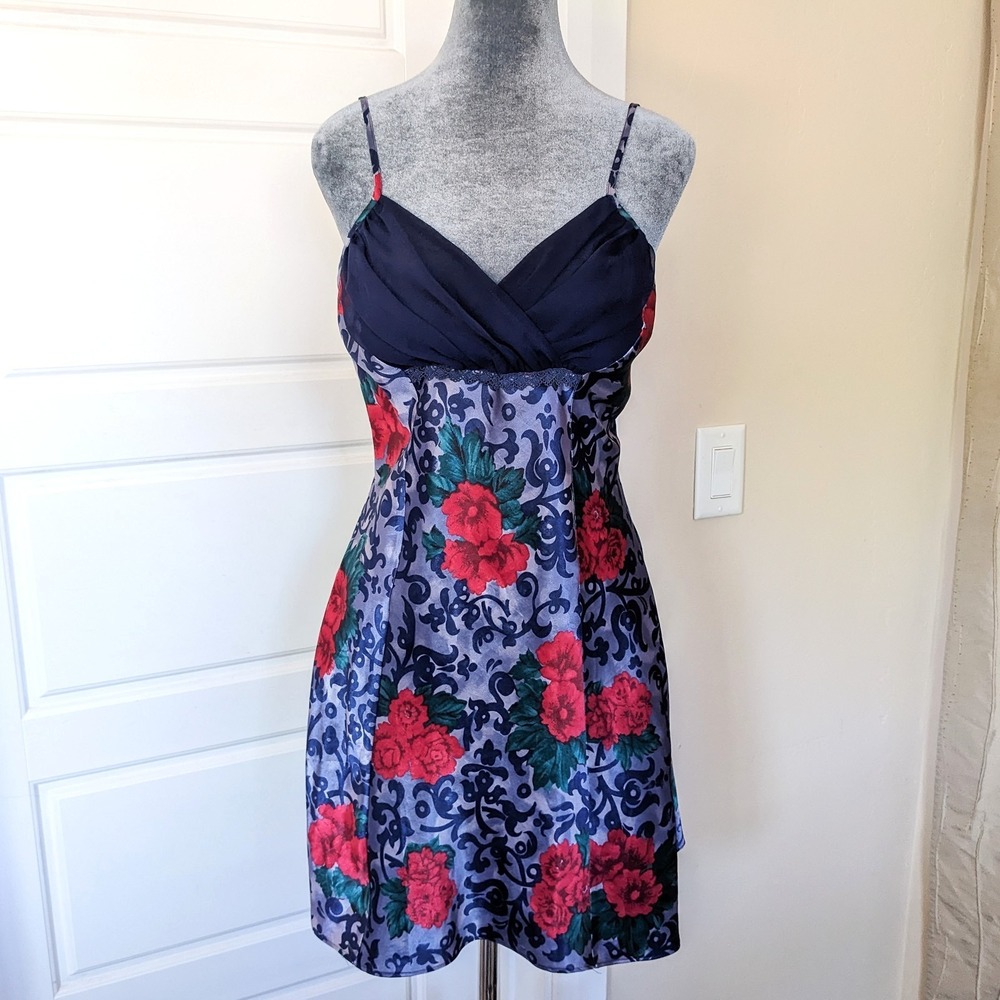 VTG 90s Floral Satin Slip Dress S Rose Gothic Whimsigoth Mini Chiffon Bias Cut